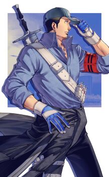 Rule 34 | 1boy, bandolier, baseball cap, belt, black hair, black jacket, black pants, blue gloves, blue hat, blue shirt, clothes around waist, collared shirt, facial hair, gloves, goatee stubble, hat, hat tip, highres, holster, iori junpei, jacket, jacket around waist, jewelry, looking to the side, male focus, necklace, oldkin, pants, persona, persona 3, persona 3 reload, shirt, solo, stubble, sword, sword on back, thigh holster, two-tone gloves, weapon, weapon on back, white gloves