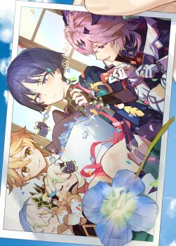 1other 2girls 3boys aether_(genshin_impact) blonde_hair blue_eyes blue_hair closed_eyes closed_mouth durin_(genshin_impact) flower genshin_impact group_picture highres looking_at_another multiple_boys multiple_girls nahida_(genshin_impact) open_mouth paimon_(genshin_impact) reito6 ribbon scaramouche_(cat)_(genshin_impact) scaramouche_(genshin_impact) shorts vision_(genshin_impact) wanderer_(genshin_impact) white_hair