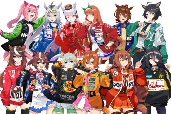 Rule 34 | absurdres, agnes tachyon (tach-nology) (umamusume), agnes tachyon (umamusume), ahoge, alain prost, alain prost (cosplay), animal ears, ascot, ayrton senna, ayrton senna (cosplay), black hair, black necktie, blue eyes, blunt bangs, bow, bowtie, brand name imitation, breasts, brown hair, center opening, character request, cleavage, commentary, cosplay, crown, ear bow, ear covers, ear flower, ear ornament, ear piercing, ear ribbon, ear scrunchie, ear tag, earrings, english commentary, flower, flower-shaped pupils, flower in eye, formula one, fuji kiseki (shooting star revue) (umamusume), fuji kiseki (umamusume), gloves, gold ship (red strife) (umamusume), gold ship (umamusume), green eyes, green shorts, grey hair, hair between eyes, hair flower, hair ornament, hairband, hairclip, haru urara (umamusume), hat, headband, highres, hime cut, holeecrab, horse ears, horse girl, horse tail, horseshoe ornament, huge ahoge, jacket, jacques villeneuve, jacques villeneuve (cosplay), jewelry, kimi raikkonen, large breasts, long bangs, long hair, long hair between eyes, long sleeves, manhattan cafe (umamusume), maruzensky (formula r) (umamusume), maruzensky (umamusume), mini crown, multicolored hair, multiple girls, nascar, necktie, nico hulkenberg, nico hulkenberg (cosplay), notched ear, oguri cap (starlight beat) (umamusume), oguri cap (umamusume), open mouth, orange hair, orange tail, piercing, pink ascot, pink crown, pink hair, pink headband, ponytail, purple bow, purple eyes, racing suit, real life, red headband, school uniform, seiun sky (umamusume), shirt, short hair, short necktie, shorts, silence suzuka (umamusume), single ear cover, single earring, skirt, sleeves past wrists, smile, streaked hair, sunflower, sunflower hair ornament, symbol-shaped pupils, symbol in eye, symboli rudolf (umamusume), t.m. opera o (o sole suo!) (umamusume), t.m. opera o (umamusume), tail, tokai teio (peak joy) (umamusume), tokai teio (umamusume), tracen school uniform, two-tone skirt, umamusume, very long hair, white hair, white hairband, yellow eyes, yellow necktie