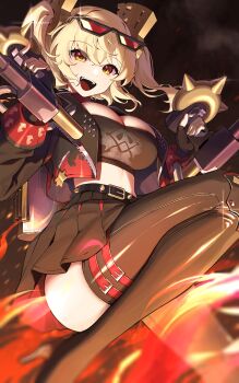 Rule 34 | 1girl, absurdres, black gloves, black jacket, black skirt, black thighhighs, blonde hair, breasts, burnice white, cleavage, commentary request, crop top, eyewear on head, fire, flamethrower, gloves, high-waist skirt, highres, holding, holding flamethrower, holding weapon, jacket, large breasts, looking at viewer, open mouth, orange eyes, revision, sbgu, short hair, skirt, smile, sunglasses, thighhighs, tinted eyewear, twintails, weapon, zenless zone zero
