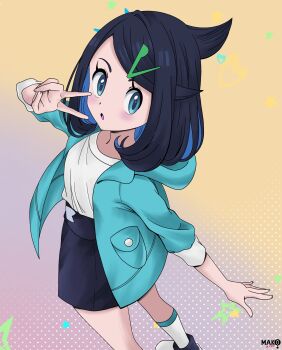 1girl absurdres bilingual_commentary blue_eyes blue_hair blue_jacket blue_shorts commentary cowlick english_commentary foot_out_of_frame hair_ornament hairclip hand_up highres hood hood_down hooded_jacket jacket kurimako liko_(pokemon) looking_at_viewer mixed-language_commentary nintendo open_clothes open_jacket open_mouth pokemon pokemon_(anime) pokemon_horizons shirt short_hair shorts solo two-tone_background v white_shirt