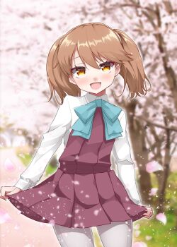 1girl :d blue_bow blue_bowtie blurry blush bow bowtie brown_hair cherry_blossoms collared_shirt commentary_request cosplay cowboy_shot depth_of_field dress falling_petals female_focus grey_pantyhose kantai_collection kirigakure_(kirigakure_tantei_jimusho) long_sleeves looking_at_viewer open_mouth outdoors pantyhose path petals pleated_dress road ryuujou_(kancolle) school_uniform shirt skirt_hold smile solo spring_(season) tree twintails white_shirt yuugumo_(kancolle) yuugumo_(kancolle)_(cosplay)
