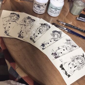 Rule 34 | 6+girls, acrylic paint (medium), art supplies, artist request, black skirt, blunt bangs, bottle, bow, closed mouth, commentary request, desk, earrings, english text, gloves, green eyes, hair bow, hair ornament, hat, highres, indoors, jewelry, karintoun, multiple girls, open mouth, original, painting (medium), photo (medium), shirt, signature, simple background, skirt, swept bangs, table, traditional media, upper body, watercolor (medium), white shirt