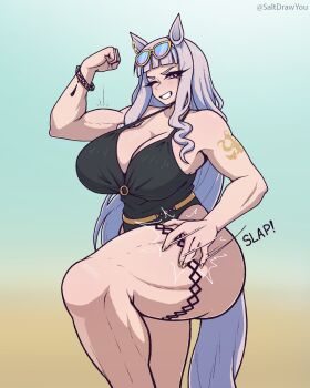 1girl absurdres alternate_breast_size_(larger) animal_ears arm_tattoo arm_up black_one-piece_swimsuit blue-tinted_eyewear blunt_bangs breasts commentary commission cowboy_shot english_commentary eyewear_on_head flexing gold_ship_(run_revolt_launcher)_(umamusume) gold_ship_(umamusume) gradient_background grin highres horse_ears horse_girl horse_tail huge_breasts knee_up long_hair looking_at_viewer one-piece_swimsuit one_eye_closed purple_eyes purple_hair saltdrawyou slapping slapping_thigh smile solo sunglasses swimsuit tail tattoo thick_thighs thigh_strap thighs tinted_eyewear toned toned_female umamusume