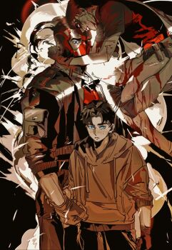 bat_signal batman_(series) batman_symbol black_bodysuit black_gloves black_hair blood bodysuit brown_jacket dc_comics gloves grey_bodysuit guoba7777 jacket jason_todd male_focus mask multicolored_bodysuit multiple_persona muscular muscular_male open_clothes pants red_hood_(dc) red_hood_and_the_outlaws red_mask robin_(dc) short_hair superhero_costume taut_bodysuit two-tone_bodysuit