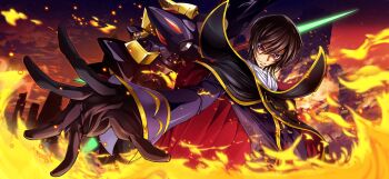 1boy arm_at_side artist_request ascot black_cape black_gloves black_hair cape coat code_geass code_geass:_lost_stories embers fire game_cg gawain_(code_geass) gloves gold_trim hair_between_eyes happy high_collar highres lelouch_vi_britannia looking_at_viewer male_focus mecha night non-web_source official_art outdoors outstretched_arm parted_lips purple_coat purple_eyes reaching reaching_towards_viewer red_eyes robot ruins short_hair sidelocks smile solo spread_fingers standing teeth two-tone_cape underlighting upper_body v-shaped_eyebrows white_ascot zero_(code_geass)