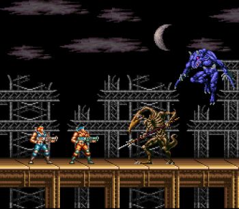 Rule 34 | 16bit, bill rizer, blasters, castlevania (series), contra, contra iii the alien wars, crescent moon, crossover, gaibon, game console, konami, lance bean, lowres, moon, night, nintendo, polearm, sky, slogra, snes, spear, super castlevania iv, super nintendo, weapon, weapons
