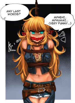 1girl absurdres ahoge angry aqua_eyes arms_behind_back artist_name bandana bandana_over_mouth bdsm belt blonde_hair bondage border bound bound_arms brown_belt chaps choker cowboy_western crop_top cropped_legs denim denim_jacket denim_shorts english_text female_focus frown gagged gradient_background highres jacket kaneeru long_hair looking_to_the_side midriff navel noose original red_bandana rope short_shorts shorts signature simple_background sleeveless solo speech_bubble standing star_(symbol) white_border winona_west