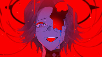 1boy aotsuki_eito aquam0n1ca artist_name black_halo blending blood bloody_tears blue_blood blue_eyes body_horror broken_eyewear broken_skin colored_eyelashes commentary evil_grin evil_smile eyeliner glasses grey_hair grin halo highres last_defense_academy_school_uniform looking_at_viewer makeup male_focus marshmallow_(vocaloid) open_mouth portrait red_background red_eyeliner red_pupils school_uniform short_hair smile solo spoilers teeth the_hundred_line_-last_defense_academy- upper_teeth_only variant_set