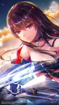 Rule 34 | 1girl, bare shoulders, belt collar, black hair, blurry, blurry background, breasts, closed mouth, collar, collarbone, copyright name, copyright notice, cropped jacket, eyelashes, floating hair, hair between eyes, heaven burns red, highres, light particles, long hair, looking at viewer, motor vehicle, motorcycle, navel, night, official alternate costume, official art, official wallpaper, on motorcycle, outdoors, red eyes, riding, sidelocks, sky, small breasts, smile, solo, tsurime, upper body, yanagi mion, yanagi mion (nighttime chill)