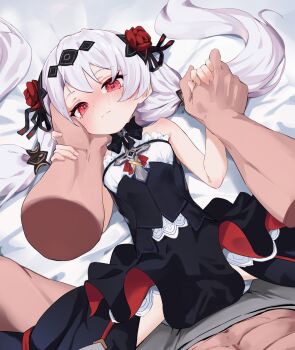 1boy 1girl abs bed_sheet black_dress blush closed_mouth commission disembodied_hand dress hand_on_another's_cheek hand_on_another's_face highres holding_hands honashi honkai_(series) honkai_impact_3rd long_hair looking_at_viewer lying navel on_back paid_reward_available pixiv_commission red_eyes sexually_suggestive size_difference smile solo_focus spread_legs theresa_apocalypse theresa_apocalypse_(luna_kindred) twintails white_hair