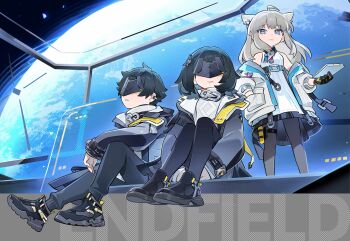 1boy 2girls absurdres ahoge animal_ears arknights arknights:_endfield artist_request bird_girl black_gloves black_hair black_jacket black_pantyhose black_shoes blindfold blue_eyes clipboard closed_mouth dress endministrator_(arknights) female_endministrator_(arknights) gloves grey_hair hand_in_pocket highres holding holding_clipboard jacket long_hair long_sleeves male_endministrator_(arknights) multiple_girls official_art pantyhose perlica_(arknights) shoes short_hair sitting sneakers very_short_hair white_dress white_jacket