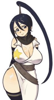 1girl alternate_breast_size arms_behind_back black_scarf blush breasts brown_hair cleavage curvy eduedude high_ponytail highres japanese_clothes ninja large_breasts long_bangs long_hair nakatsukasa_tsubaki ninja ponytail scarf shiny_skin smile solo soul_eater star_(symbol) very_long_hair wide_hips