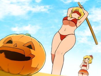 2girls aki_minoriko aki_shizuha armpits arms_up bikini bikini_skirt blindfold blonde_hair blue_sky breasts closed_mouth cloud commentary_request feet_out_of_frame flat_chest hair_ornament halloween holding holding_stick jack-o&#039;-lantern large_breasts leaf_hair_ornament midriff multiple_girls navel outdoors red_bikini shirosato short_hair siblings sisters sky standing stick suikawari swimsuit touhou