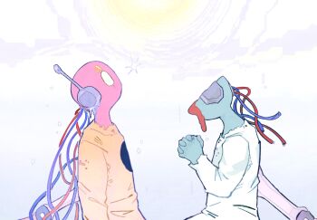 androgynous blank_eyes blue_skin cable colored_skin commentary_request five_pebbles from_side headless highres humanoid_robot iterator_(rain_world) korean_commentary looking_up looks_to_the_moon no_mouth own_hands_clasped own_hands_together pink_skin praying rain_world robe robot robot_ears rw_dayfly torn_clothes torn_robe upper_body white_background white_robe yellow_robe