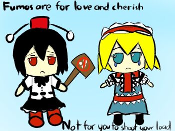 2girls alice_margatroid artist_request black_hair blonde_hair blue_background closed_mouth cum english_text frilled_hairband frills full_body fumo_(doll) hair_between_eyes hairband hat lbue_eyes lolita_hairband looking_at_viewer meme multiple_girls protest red_eyes sad shameimaru_aya shoes short_sleeves sign simple_background skirt standing tears tokin_hat touhou what