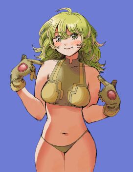 absurdres ahoge bikini blue_background blush boku_no_hero_academia cowboy_shot deku&#039;s_photo_of_hagakure_toru fluffy_hair gloves green_eyes green_hair hagakure_toru heidi_(heytherenrds) highres long_hair simple_background smile swimsuit