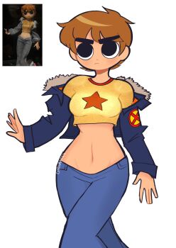 1girl black_eyes blue_jacket cdromarts crop_top denim genderswap genderswap_(mtf) highres jacket jeans looking_up midriff navel pants photo-referenced scott_pilgrim scott_pilgrim_(series) scott_pilgrim_takes_off shirt short_hair simple_background solo star_(symbol) star_print white_background yellow_shirt