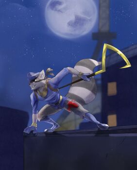 1boy animal_ears black_fur blue_hat blue_shirt commentary dannon_5 eiffel_tower english_commentary full_moon furry furry_male grey_fur grin hat highres holding holding_weapon looking_to_the_side male_focus masked moon multicolored_fur raccoon_boy raccoon_ears raccoon_tail shirt sly_cooper sly_cooper_(series) smile tail weapon