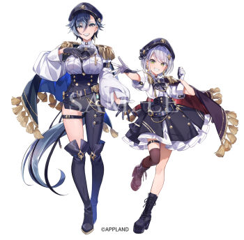 .live 2girls asymmetrical_clothes between_breasts black_boots black_bow black_gloves black_hair black_hat black_pants black_skirt boots bow breasts brown_eyes brown_thighhighs collared_shirt commentary_request dress_shirt epaulettes frilled_skirt frills gloves green_eyes grey_hair grin hat large_breasts long_sleeves multicolored_hair multiple_girls official_art outstretched_arm pants peaked_cap puffy_long_sleeves puffy_short_sleeves puffy_sleeves rikumu sample_watermark sharaku_setsuna shirt short_sleeves simple_background single_pantsleg single_thighhigh skirt smile standing standing_on_one_leg streaked_hair suspender_skirt suspenders thigh_boots thighhighs thighhighs_under_boots virtual_youtuber watermark white_background white_gloves white_shirt yuko_(uc_yuk)