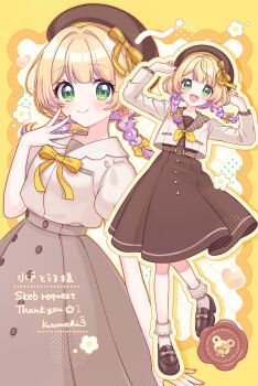 Rule 34 | 1boy, :d, black skirt, blonde hair, blunt bangs, blush, bow, bowtie, braid, brown hat, brown shoes, closed mouth, commentary, commission, full body, green eyes, grey jacket, grid background, hair bow, hands up, hat, highres, jacket, kuzumochi (hgnon82), long hair, long sleeves, looking at viewer, multicolored hair, multiple views, neckerchief, open mouth, original, outline, purple hair, shoes, skeb commission, skirt, smile, socks, standing, standing on one leg, twin braids, two-tone hair, white socks, yellow bow, yellow bowtie, yellow neckerchief, yellow outline