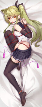 animal_ears arms_behind_back ball_gag bdsm black_gloves black_thighhighs bondage bound brown_eyes egg_vibrator elbow_gloves gag gagged garter_straps gloves green_hair looking_at_viewer no_shoes original pleated_skirt ponytail restrained reverse_prayer sailor_collar sex_toy shibari shibari_over_clothes shirt skindentation skirt sleeveless sleeveless_shirt soles spreader_bar thighhighs thighs vibrator white_shirt wiffle_gag yiduan_zhu zettai_ryouiki