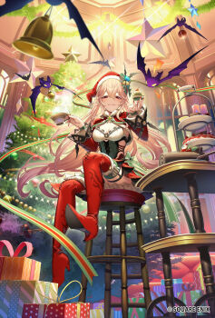 1girl :3 bat_(animal) bell_sleeves black_nails blonde_hair boots bow box breasts brooch cake cherry christmas christmas_ornaments christmas_present christmas_tree cleavage closed_mouth clothing_cutout copyright_notice corset couch cream cream_on_face cup decorating_christmas_tree food food_on_face frilled_skirt frills from_below fruit full_body fur-trimmed_boots fur-trimmed_headwear fur-trimmed_sleeves fur_trim gift gift_box green_bow green_corset green_ribbon green_thighhighs hair_between_eyes hat hat_bell hat_bow high_heel_boots high_heels highres holding holding_cup holding_food holding_ornament holding_ribbon indoors jewelry legwear_garter long_hair looking_at_viewer looking_down macaron medium_breasts miniskirt mobile mouth_hold nail_polish neck_ribbon official_art pleated_skirt pointy_ears red_boots red_eyes red_hat red_skirt red_sleeves ribbon romancing_saga_2 romancing_saga_re;universe saga santa_hat shirt shoe_soles shrug_(clothing) side_cutout sitting skirt smile solo star_(symbol) steam stool strapless strapless_shirt strawberry striped_ribbon table teacup tef thigh_boots thighhighs tiered_tray vampire vampire_lady_(romancing_saga) waist_bow whipped_cream white_shirt window wing_hat_ornament wrist_ribbon yule_log_(cake)
