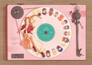 Rule 34 | 1girl, absurdres, aerith gainsborough, barret wallace, boots, braid, braided ponytail, breasts, brown boots, brown hair, cait sith (final fantasy), character doll, character name, choker, cid highwind, cleavage, closed mouth, cloud strife, cropped jacket, dated, doll, dress, elmyra gainsborough, final fantasy, final fantasy vii, final fantasy vii remake, flower, fuji94867753, full body, gold bangle, green eyes, hair ribbon, happy birthday, highres, holding, holding flower, ifalna, jacket, light blush, long dress, long hair, marlene wallace, medium breasts, parted bangs, phonograph, pink dress, pink ribbon, red jacket, red xiii, ribbon, sidelocks, silver bangle, single braid, smile, solo, tifa lockhart, vincent valentine, vinyl record, yellow flower, yuffie kisaragi, zack fair