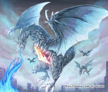 bloody_girl breath_weapon breathing_fire building cloud commentary_request copyright_name dragon fire grey_sky highres no_humans open_mouth outdoors pixiv_fantasia pixiv_fantasia_age_of_starlight sky skyscraper wings