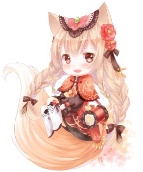 1girl absurdly_long_hair animal_ears bag black_sleeves blonde_hair boots bow bowtie braid brooch brown_bow brown_eyes capelet chibi chinese_clothes commentary di_tao dot_nose dress dress_bow dress_flower english_commentary floral_print flower flower_brooch footwear_bow footwear_flower fox_ears fox_girl fox_tail frilled_sleeves frills hair_between_eyes hair_bobbles hair_bow hair_flower hair_ornament happy highres invisible_chair jewelry knee_boots lace lace-trimmed_capelet lace-trimmed_dress lace-trimmed_veil lace_trim large_tail light_blush long_hair long_sleeves looking_at_viewer low_twin_braids medium_dress miracle_nikki multiple_hair_bows nikki_(series) open_mouth pink_vest poppy_(flower) poppy_fox_(miracle_nikki) print_boots print_capelet print_dress puffy_long_sleeves puffy_sleeves red_bag red_capelet red_eyes red_flower red_rose rose shoulder_bag side_braids signature simple_background sitting sleeves_past_wrists smile solo tail teeth twin_braids upper_teeth_only very_long_hair vest white_background white_boots yellow_bow yellow_bowtie yellow_flower yellow_rose