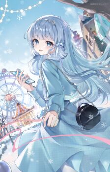 1girl absurdres amusement_park ayaka_(genshin_impact) bag black_bag blue_dress blue_eyes blue_hair blue_jacket blue_sky breasts carousel cellphone commentary_request contemporary dress ferris_wheel from_behind genshin_impact guzangnanfeng hair_ornament hand_up handbag highres holding holding_phone jacket kamisato_ayaka kamisato_ayaka_(oneplus) long_hair long_sleeves looking_at_viewer looking_back medium_breasts official_alternate_costume open_mouth phone skirt_hold sky smartphone smile snow snowflakes snowing solo teeth upper_teeth_only winter