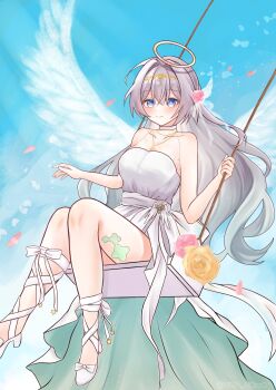 Rule 34 | 1girl, absurdres, bare arms, bare legs, bare shoulders, blue eyes, blue sky, bow, collarbone, commentary request, dress, feathered wings, firefly (honkai: star rail), flower, flower on leg, gold halo, gold pendant, gold tiara, gradient eyes, gradient hair, green hair, grey hair, hair flower, hair ornament, halo, highres, honkai: star rail, honkai (series), jewelry, long hair, looking down, multicolored eyes, multicolored hair, on swing, pendant, pink eyes, pink flower, shoes, sky, sleeveless, sleeveless dress, smile, solo, star (symbol), str sawa, strappy heels, swing, white bow, white shoes, wings, yellow eyes, yellow flower