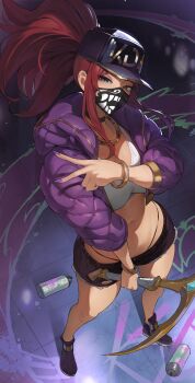 Rule 34 | 1girl, absurdres, akali, baseball cap, bracelet, choker, commission, commissioner upload, cropped jacket, denim, denim shorts, hat, highleg, highleg panties, highres, holding, holding weapon, idol, jacket, jewelry, k/da (league of legends), k/da akali, kopam, league of legends, mask, mask print, midriff, navel, non-web source, open clothes, panties, ponytail, purple hair, short shorts, shorts, solo, spray can, underwear, v, weapon