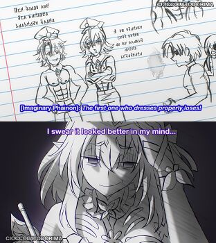 1girl artist_name castorice_(honkai:_star_rail) cioccolatodorima commentary drawing_(object) empty_eyes english_commentary english_text hand_on_own_head highres honkai:_star_rail honkai_(series) mydei_(honkai:_star_rail) panty_&amp;_stocking_with_garterbelt partially_colored pencil phainon_(honkai:_star_rail) pointy_ears smile solo subtitled
