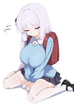 1girl absurdres backpack bag black_shoes black_skirt blue_sweater blush breasts choppy_bangs closed_eyes closed_mouth collared_shirt commentary_request commission flying_sweatdrops full_body grey_hair highres huge_breasts long_hair long_sleeves mary_janes miniskirt oldsickkim original pleated_skirt randoseru red_bag rounded_collar school_uniform shirt shoes simple_background sitting skindentation skirt small_sweatdrop solo straight_hair sweater thighhighs very_long_hair wariza white_background white_shirt white_thighhighs zettai_ryouiki