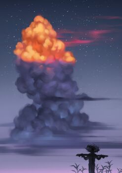 1boy absurdres blue_sky cloud commentary cumulonimbus_cloud english_commentary highres lydialing_draws night outdoors scarecrow scarecrow_(the_wizard_of_oz) scenery silhouette sky solo star_(symbol) the_wizard_of_oz wide_shot