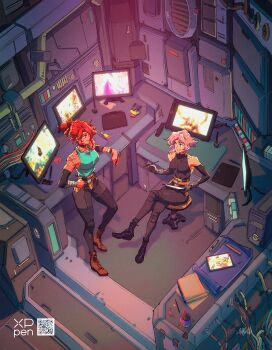 1990s_(style) 2girls absurdres alternate_hairstyle bare_shoulders blue_tank_top breasts chaps commentary cross_scar crossed_legs david_liu detached_sleeves drawing_tablet english_commentary from_above full_body high-waist_pants highres holding holding_stylus knee_pads large_breasts maria_(space_maria) medium_breasts monitor multiple_girls official_art on_stool original pants pi_(space_maria) pink_hair promotional_art qr_code red_eyes red_hair retro_artstyle scar scar_on_shoulder science_fiction short_hair sitting space_maria stool stylus tank_top updo xp-pen