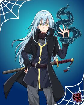 1other androgynous belt black_coat blue_hair brown_belt coat colored_eyelashes commentary english_commentary fur_trim grey_pants hand_on_own_hip heyreza.art highres katana long_hair magic other_focus pants rimuru_tempest serious sheath sheathed solo sword tensei_shitara_slime_datta_ken very_long_hair watermark weapon yellow_eyes