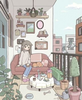 1girl absurdres adversarial_noise animal apartment balcony bird blue_pants bone book bottle building bulletin_board candy cheribon couch cup dog food grey_hair highres jitome mug original outdoors painting_(object) pants plant potted_plant railing rug sandwich shelf sitting sky slippers smile table tea vase watering_can wooden_floor wrapped_candy
