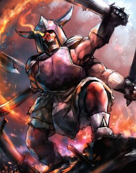 Rule 34 | 1boy, armor, asymmetrical dual wielding, axe, battle axe, breastplate, club, club (weapon), colored skin, demon-at-arms, disutihada, dragon quest, dual wielding, extra arms, fake horns, fire, flaming eye, helmet, holding, holding axe, holding club, holding sword, holding weapon, horned helmet, horns, muscular, muscular male, no humans, open mouth, red skin, shoes, shoulder armor, skirt, solo, spiked club, spiked shoes, spikes, sword, teeth, undead, weapon