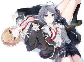 2girls absurdres ahoge black_eyes black_hair black_jacket black_socks blonde_hair brown_eyes buttons checkered_clothes checkered_skirt collarbone collared_shirt dress_shirt hair_ornament hairclip hayase_illusut highres hikigaya_komachi isshiki_iroha jacket kneehighs loafers looking_at_viewer lying lying_on_another lying_on_person multiple_girls non-web_source on_back partially_unbuttoned pleated_skirt rainbow red_ribbon ribbon school_uniform shirt shoes short_hair simple_background skirt smile sobu_high_school_uniform socks teeth thighs unbuttoned unbuttoned_shirt white_background white_shirt yahari_ore_no_seishun_lovecome_wa_machigatteiru.