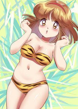1girl :o animal_print bikini breasts brown_eyes brown_hair cleavage commentary_request cosplay cowboy_shot dutch_angle green_background hairband hands_up highres looking_at_viewer lum lum_(cosplay) medium_breasts medium_hair nanako_(nanako_sos) nanako_sos navel nka_46 open_mouth print_bikini red_hairband solo standing strapless strapless_bikini swimsuit thighs tiger_print urusei_yatsura