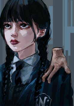 1girl absurdres black_hair black_necktie black_sweater braid closed_mouth collared_shirt commentary_request disembodied_hand grey_background highres jacket jin_(oihlf) long_hair low_twin_braids necktie open_clothes open_jacket red_lips school_uniform shirt solo sweater the_addams_family twin_braids upturned_eyes wednesday_(netflix) wednesday_addams