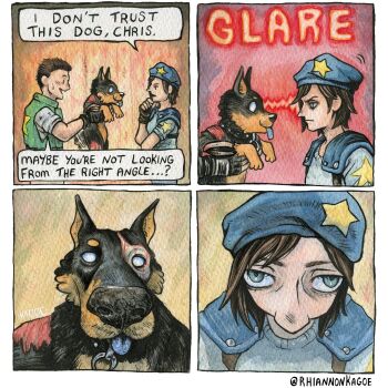 1boy 1girl absurdres animal artist_name beret black_gloves blue_eyes blue_hat brown_hair chris_redfield commentary dog english_commentary fingerless_gloves gloves hat highres holding holding_animal holding_dog jill_valentine resident_evil resident_evil_1 rhiannon_kagoe speech_bubble sweatdrop zombie_dog