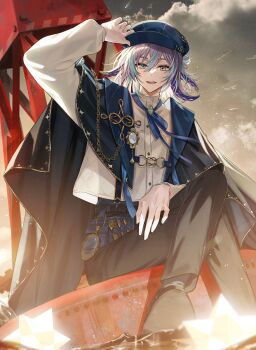 Rule 34 | 1boy, :d, arm up, black cape, black pants, black shoes, blue eyes, blue hair, blue hat, blue ribbon, blue socks, brooch, buoy, buttons, cape, chain, cloud, cloudy sky, commentary request, crossed legs, gold chain, hair between eyes, hair bun, hand on headwear, haruzawa0731, hat, highres, hoshirube sho, hoshirube sho (2nd costume), jewelry, long sleeves, looking at viewer, male focus, medium hair, multicolored hair, neck ribbon, newsboy cap, night, nijisanji, official alternate costume, open mouth, outdoors, pants, purple hair, ribbon, shirt, shoes, shooting star, single side bun, sitting, sky, small stellated dodecahedron, smile, socks, solo, streaked hair, suspenders, teeth, tentacle hair, tentacles, two-sided cape, two-sided fabric, virtual youtuber, water, white shirt