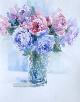 Rule 34 | annoniwa, blue flower, blue rose, commentary request, flower, flower focus, no humans, original, painting (medium), pink flower, pink rose, purple flower, purple rose, rose, traditional media, vase, watercolor (medium), white background