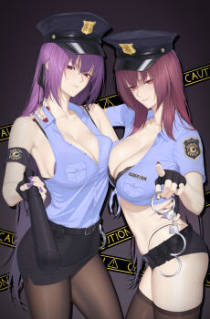 2girls armband baton_(weapon) black_hat black_shorts black_skirt blue_shirt breasts brown_pantyhose brown_thighhighs cleavage collared_shirt cuffs fate/grand_order fate_(series) grin hair_between_eyes handcuffs hat highres large_breasts long_hair looking_at_viewer miniskirt multiple_girls navel nmi pantyhose pencil_skirt police_hat purple_hair red_eyes scathach_(fate) scathach_skadi_(fate) shirt short_shorts short_sleeves shorts skirt sleeveless sleeveless_shirt smile thighhighs thighs weapon