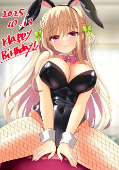 1girl absurdres alternate_costume animal_ear_hairband animal_ears ball bare_legs bare_shoulders black_hairband blonde_hair blurry blurry_background blush bow bowtie braid breasts c: cleavage closed_mouth commentary_request covered_navel cowboy_shot dated dated_commentary detached_collar earrings exercise_ball eyes_visible_through_hair fake_animal_ears fishnet_pantyhose fishnets furrowed_brow green_bow hair_between_eyes hair_bow hairband happy_birthday highleg highleg_leotard highres indoors jewelry kakenuke_seishun_sparking! kashima_riri large_breasts leotard long_hair looking_at_viewer pantyhose pink_bow pink_bowtie playboy_bunny rabbit_ear_hairband rabbit_ears red_eyes sakuratoru shiny_skin side_braids sidelocks sitting sitting_on_ball smile solo split_mouth spread_legs strapless strapless_leotard thighs twin_braids v_arms very_long_hair white_wrist_cuffs wrist_cuffs