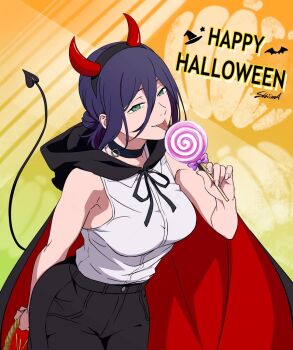 black_choker black_shorts breasts candy chainsaw_man choker commentary demon_tail english_commentary english_text fake_horns fake_tail food green_eyes hairband halloween happy_halloween horn_hairband horns lollipop long_hair medium_breasts purple_hair reze_(chainsaw_man) shiima shirt short_shorts shorts sleeveless sleeveless_shirt swirl_lollipop tail tongue tongue_out two-tone_cape vampire white_shirt