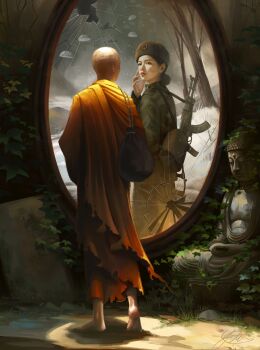 Rule 34 | 1girl, assault rifle, backpack, bag, bald, barefoot, blue sky, broken mirror, brown gloves, buddha, chinese army, cloud, cloudy sky, commentary, english commentary, fallout, ghoul (fallout), gloves, gun, hair bun, highres, kalashnikov rifle, looking at mirror, looking at self, military uniform, mirror, monk, overgrown, putridglowingone, reflection, rifle, robe, sack, sky, statue, torn clothes, tree, weapon